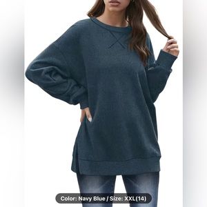 Brand New Women's Solid Color Split Hem Fleece Sweatshirt, XXL, Navy Blue